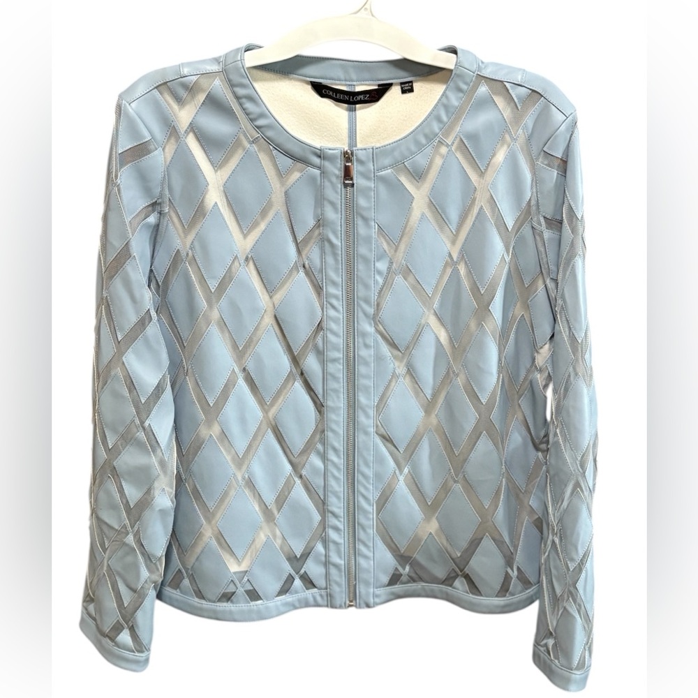 Colleen Lopez Faux Leather and Mesh Diamond light blue Jacket - L